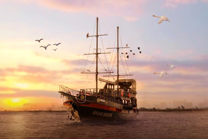 Set sail on the Black Pearl Pirate Boat exploring Dubai's Creek Harbour while enjoying pirate performances games and stunning skyline views at sunset. An adventure awaits!